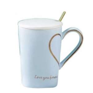 Pufo Love you Sweetheart Mug with ceramic lid and spoon for coffee or tea, 350 ml, blue 68179068 - Serving