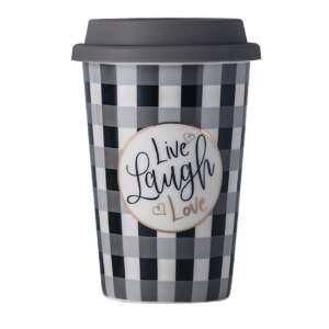 Pufo Live & Love ceramic travel mug with silicone lid, 415 ml, gray/black - Serving