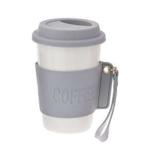 Pufo Love Coffee ceramic travel mug with heat protection for coffee or tea, 415 ml, white/grey 91674592 - Serving