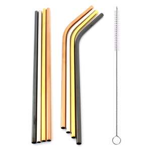 Set of 8 reusable stainless steel straws, 4 straight and 4 bent, with 2 cleaning brushes - Cocktail making