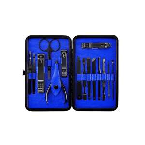 Gonga 15 piece manicure and pedicure set in black with blue interior, includes nail clippers, tweezers, scissors, and more - Manicure set