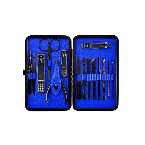 Gonga 15 piece manicure and pedicure set in black with blue interior, includes nail clippers, tweezers, scissors, and more