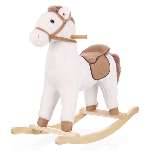 Fehér hintaló barna nyereggel és sörénnyel, fa talppal, plüss testtel, hanghatásokkal