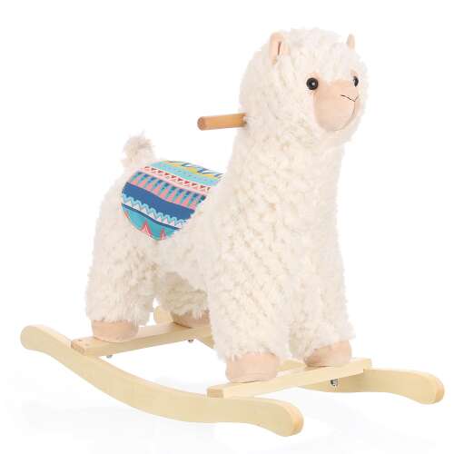Fehér plüss hintaló láma, fa talppal és színes nyereggel, hintaló gyerekeknek