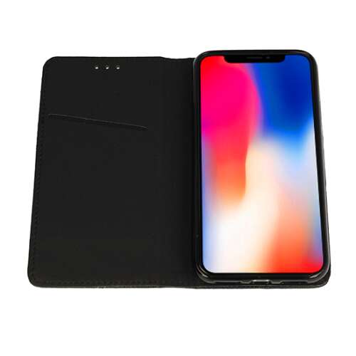 Fekete flip tok Samsung Galaxy A14 5G okostelefonhoz, nyitott állapotban, kártyatartókkal 