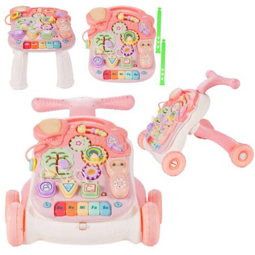 M-Toys 3-in-1 Lauflernwagen, Lerntabelle und Spielcenter mit Sound- und Lichteffekten in rosa Farbe, zeigt alle 3 Modi