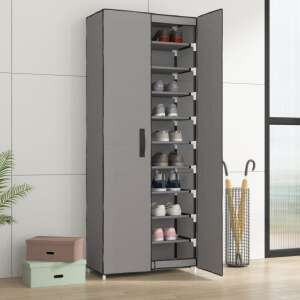 Szara szafka na buty z tkaniny z dwojgiem otwartych drzwi, pokazująca 10 półek, 60 x 30 x 166 cm, z butami na półkach - Meble do holu wejściowego