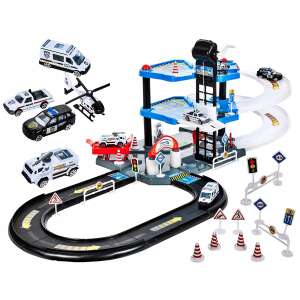 M-Toys kétemeletes rendőrségi Parkolóház lifttel és 5db járművel