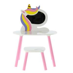 Unikornisos fésülködőasztal gyerekeknek, fehér és rózsaszín, tükörrel és székkel - Proda