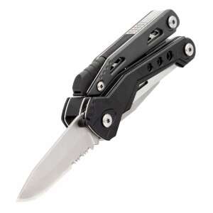 Multitool True Utility Fireranger cu lamă parțial deschisă, negru și argintiu, vedere înclinată - Scule multifuncționale