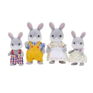 Sylvanian Families Cottontail Rabbit Family, a set of 4 grey rabbit figurines, including mom, dad, and two children - Figure