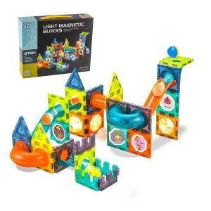 42 részes kreatív mágneses építőjáték készlet, golyópályával, világító golyókkal