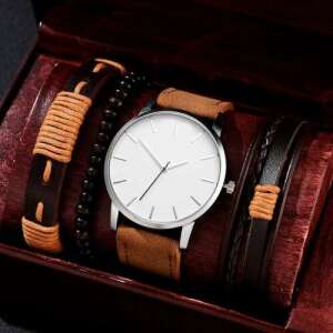 Men's watch set with leather bracelets, white dial, brown leather strap, wood effect, OT-BT-1 - Fashion & Clothing