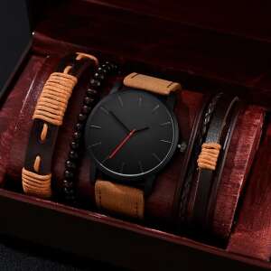 Herrenuhren-Set mit 3 Armbändern, schwarze Uhr mit braunem Lederband, braune Lederarmbänder, Holz-Armband - Schmuck für Herren