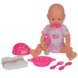 Кукла New Born Baby с аксесоари: бутилка, гърне, пелена, купа, лъжица, вилица - Simba Toys Баба