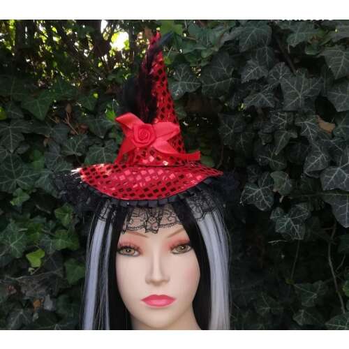 Halloween boszorkány kalap fejpánt hajpánt farsangi jelmez kiegészítő PIROS