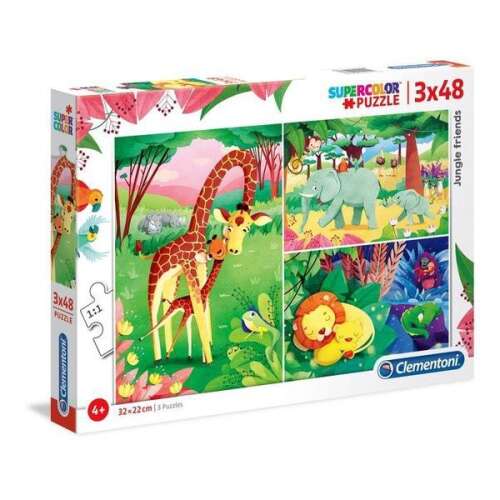Clementoni Supercolor Puzzle 3x48 Przyjaciele dżungli - 48-elementowa układanka dla dzieci z dzikimi zwierzętami