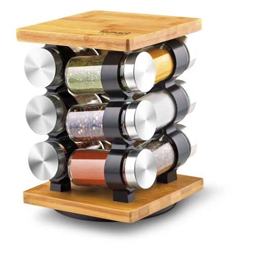Въртяща се стойка за подправки Lamart с 8 стъклени буркана, бамбукова основа, капаци от неръждаема стомана