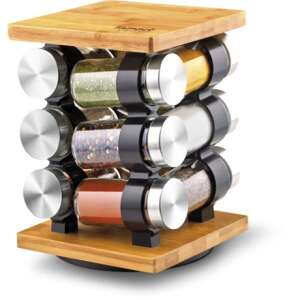 Lamart rotating spice rack with 8 glass jars, bamboo base, stainless steel lids - Spice Rack