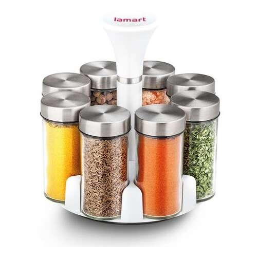 Lamart LT7017 rotating spice rack with 8 glass jars, white and stainless steel