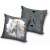 Horse themed decorative pillow, 40x40 cm, with a white horse on one side and a pattern of horse riding equipment on the other