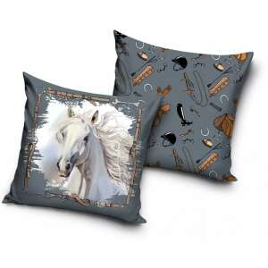 Horse themed decorative pillow, 40x40 cm, with a white horse on one side and a pattern of horse riding equipment on the other - Decorative Pillow