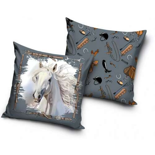 Horse themed decorative pillow, 40x40 cm, with a white horse on one side and a pattern of horse riding equipment on the other