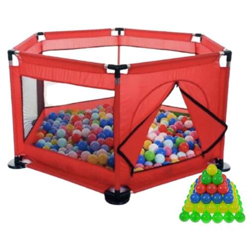 Aga Play&Fun Járóka lecipzározható oldallal #piros +  Aga műanyag Labda készlet 100db #színes 