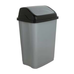 Grey plastic trash can with black lid, 16 liter capacity - Trash can