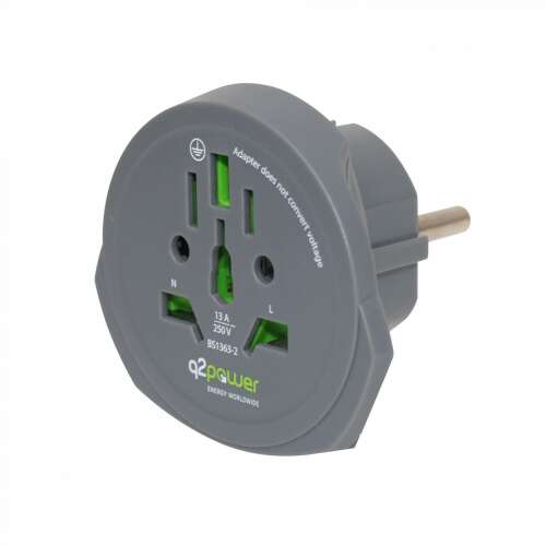 Q2 Power Reiseadapter World to Europe, grau, für AUS/CHINA, IT, UK, CH, BRAZIL, USA Standard-Steckdosen