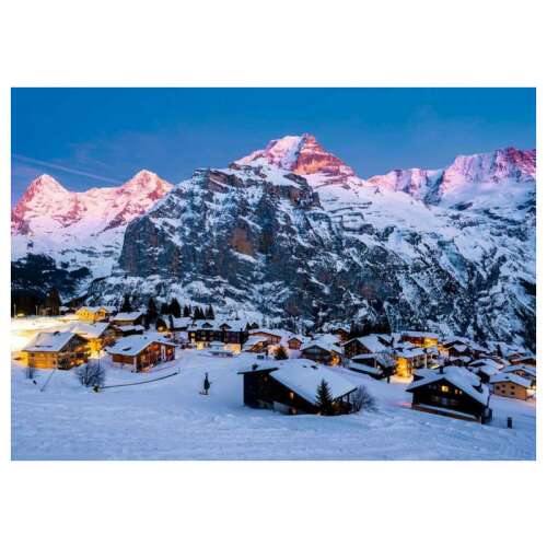 Completed Ravensburger 1000 piece jigsaw puzzle, Beautiful Mountains series, Mürren, Bernese Oberland, Switzerland, snowy mountain village at sunset