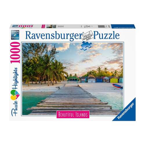 Puzzle Ravensburger 1000 elementów, Piękne Wyspy, Malediwy, tropikalna plaża, drewniany pomost, kolorowe chaty, zachód słońca