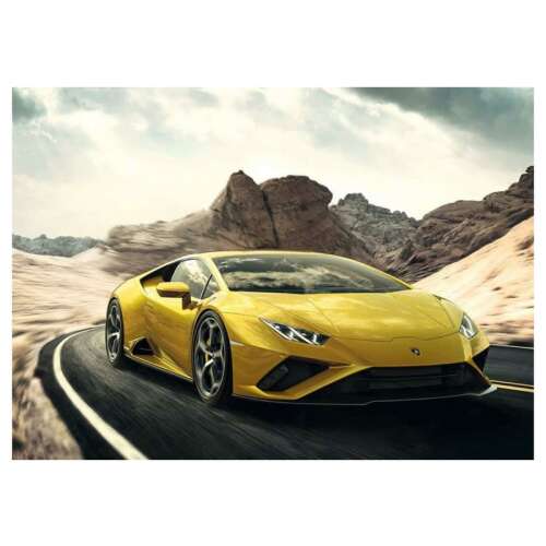 Lamborghini Huracan EVO, yellow sports car, desert landscape, Ravensburger puzzle