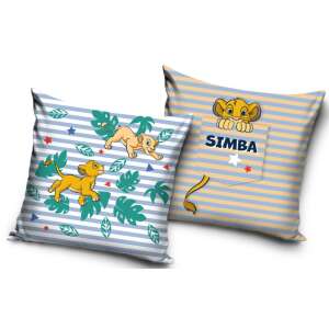 Husa de pernă Disney Regele Leu Simba, 40x40 cm, dungi albastre și albe cu frunze de junglă și stele, Simba se uită din buzunar - Fețe de pernă