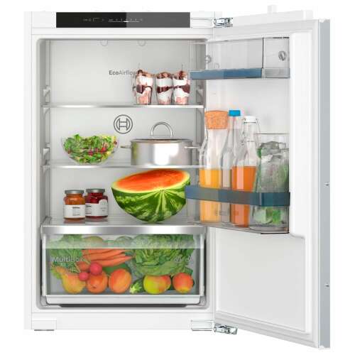 Bosch Serie 2 KIR21VFE0 built-in refrigerator, white, 136 liters, open door view, with shelves and drawers, showing food storage