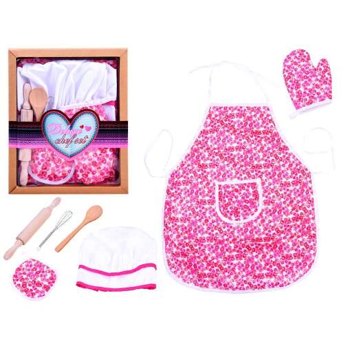 Różowy i biały zestaw szefa kuchni dla dzieci z fartuchem, czapką, rękawica do piekarnika i narzędziami kuchennymi