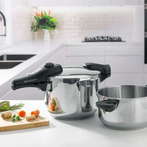 BIO EXCLUSIVE+ Duo Schnellkochtopf-Set, 4.0L und 6.0L Edelstahltöpfe mit Universaldeckel