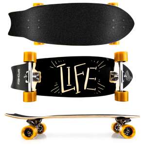 Skateboard cruiser Spokey LIFE, placă neagră cu roți galbene, vedere de sus și de jos - Spokey