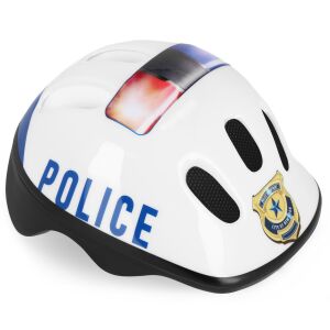 Schräge Ansicht des Spokey Police Kinderhelms mit Polizeiabzeichen-Design - Schutzausrüstung für Fahrräder
