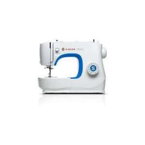 Singer M3205 sewing machine, white and blue, front view - Sewing Machine