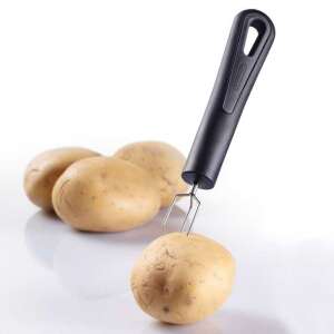 Westmark potato fork, black handle, stainless steel prongs, used to pick up hot potatoes - Potato masher & ricer