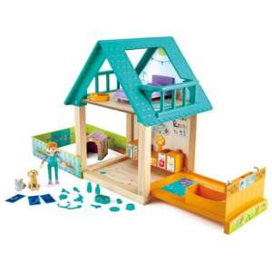Hape Tragbares Tierarzt-Spielset, ein Holz-Puppenhaus mit einem Tierarzt, einem Hund, einer Katze und Zubehör für fantasievolles Spiel - Puppenhaus