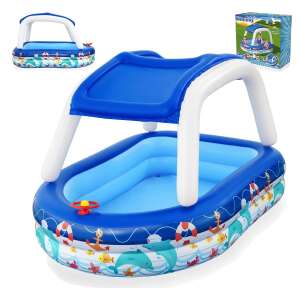 Collage of Bestway Sea Captain Inflatable Pool with canopy and packaging - Bestway Kiddie Pool & Splash Pad