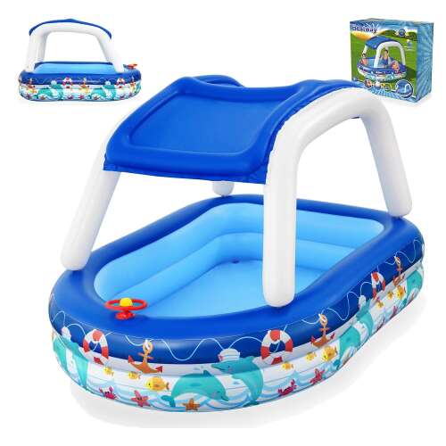 Collage of Bestway Sea Captain Inflatable Pool with canopy and packaging
