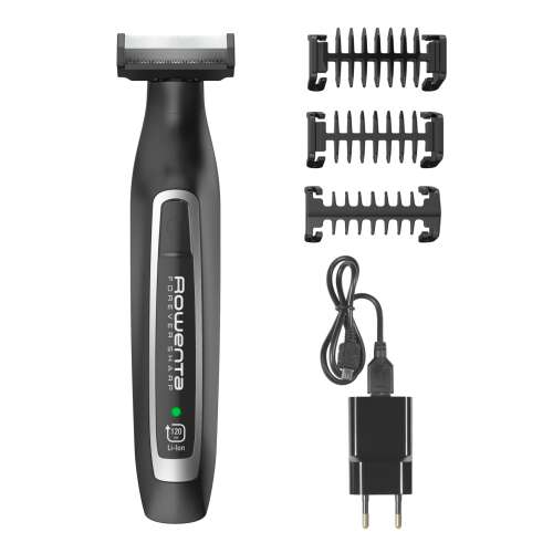 Rowenta Forever Sharp TN6000 Barttrimmer, schwarz und silber, mit 3 Trimmkämmen, Ladekabel und Adapter