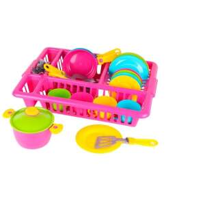Play kitchen set with dish rack, pots, pans, plates, cups, and utensils - Toy kitchen tool