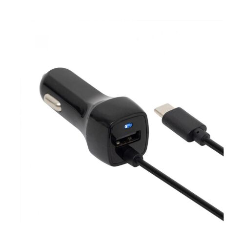 Fekete USB és USB-C autós töltő egyidejű töltéshez