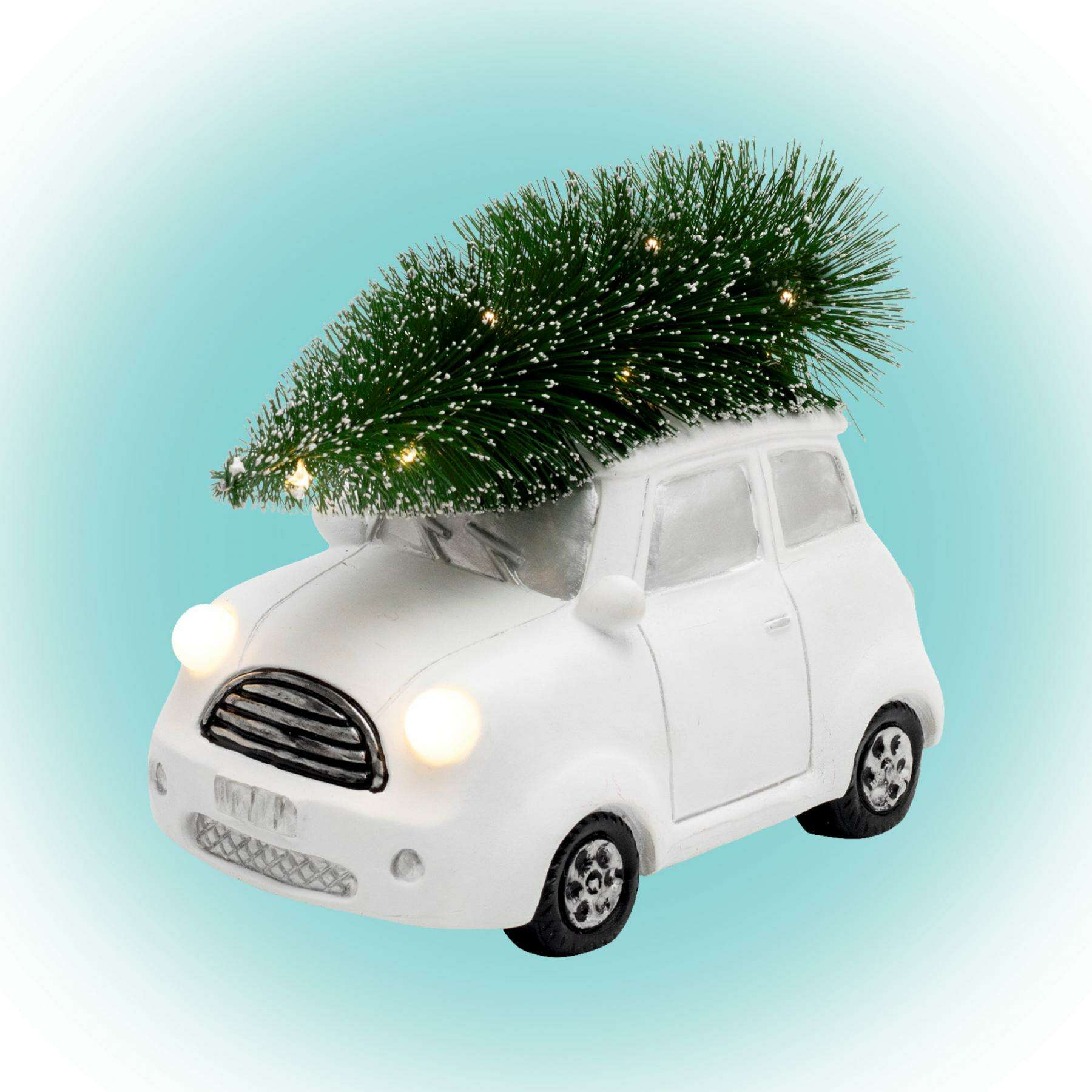 Karácsonyi Dekoráció - Fehér Kisautó Fenyővel - Kerámia Figura - 18,5cm