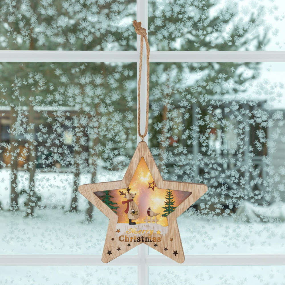 Fa ablak-, ajtódísz, csillag rénszarvassal, melegfehér LED