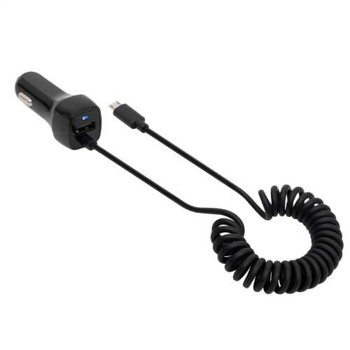 Încărcător auto cu porturi USB și microUSB, negru, cablu spiralat